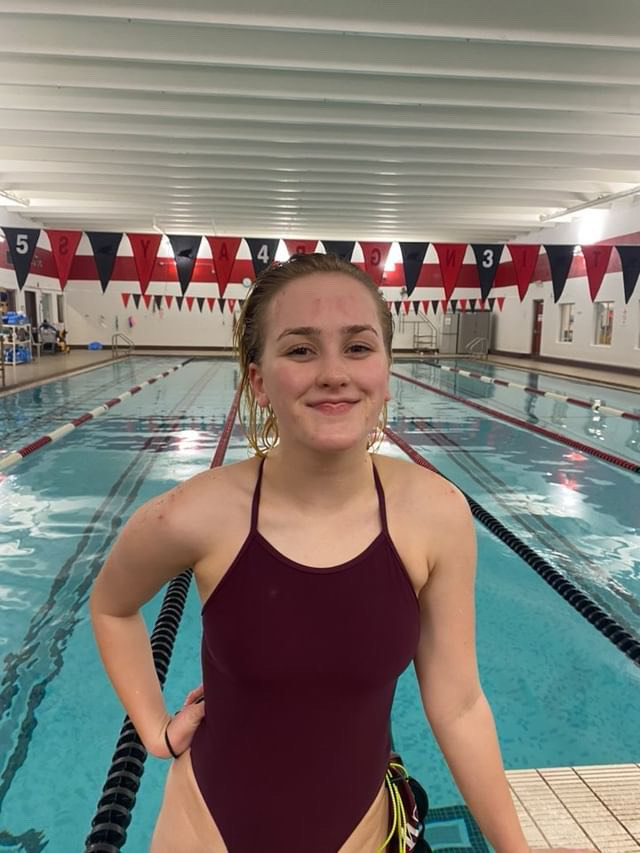 Junior Lorelei Crowley after her state-qualifying 500 free.