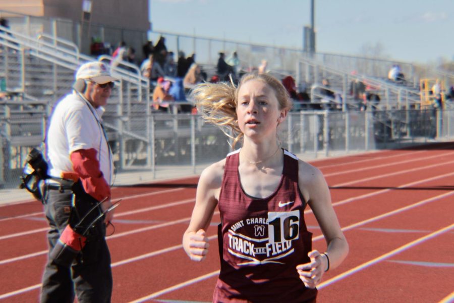 Freshman Genna Wacker running at the track meet on April 18th.