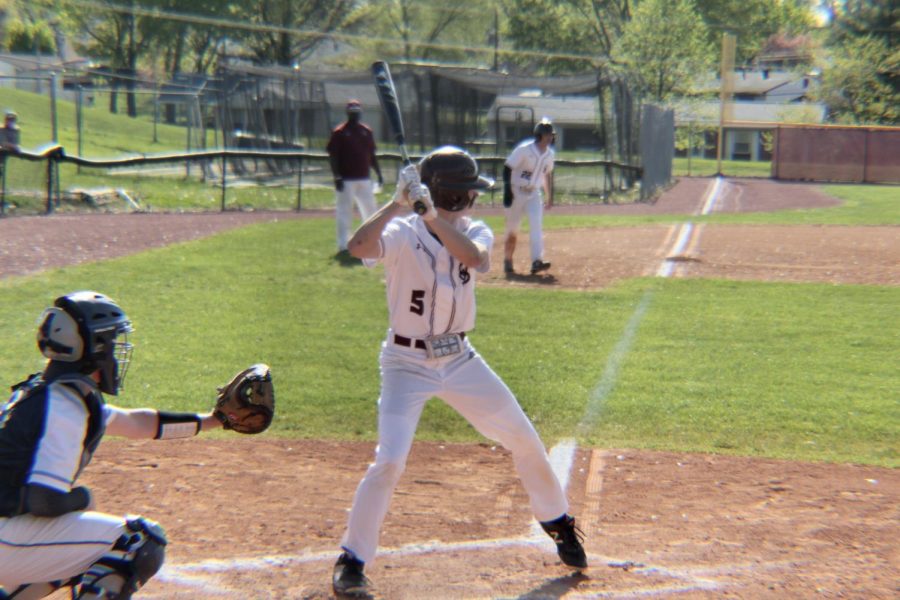 Senior #5 William Mettlach up to bat against St. Charles High school on April 27th.