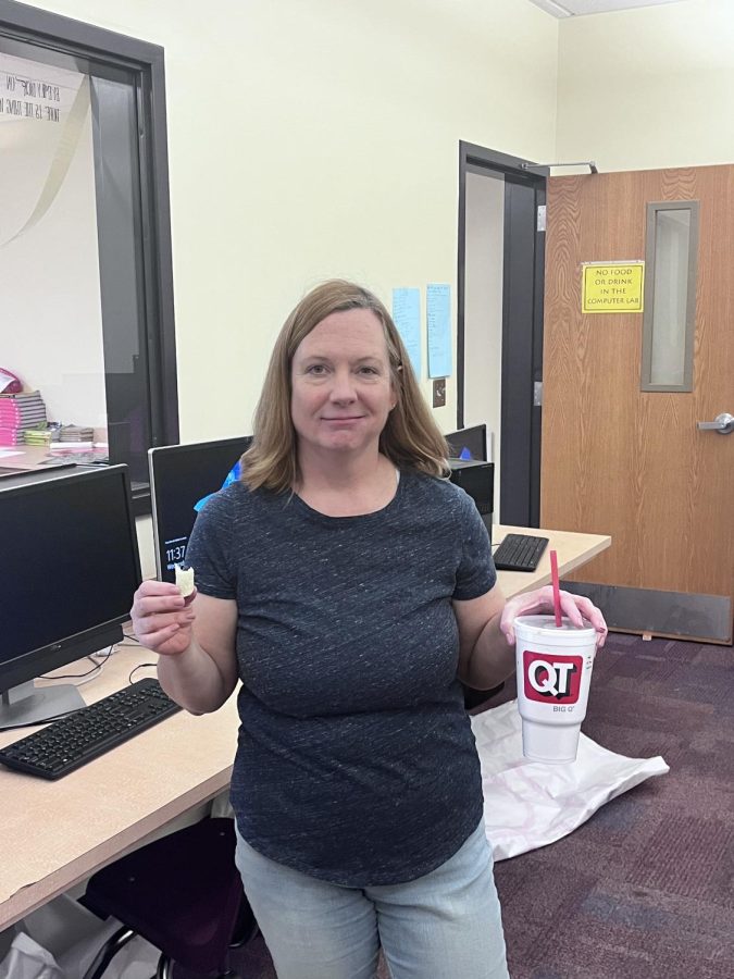 Mrs Weil with her taquito and QT Drink.