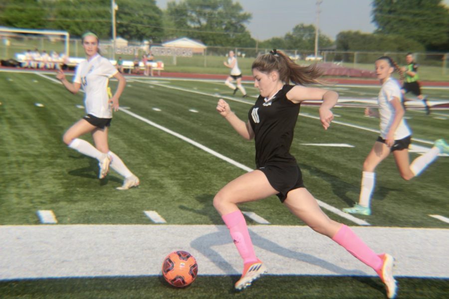 Freshman Riley McGuire during a game against Orchard Farm on soccer senior night on May 10.