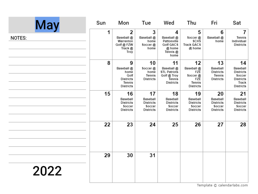 The May 2022 athletic calendar.