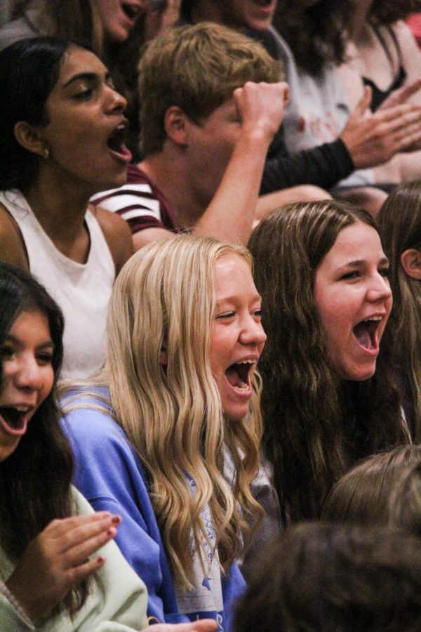 Sophomores Avery Sikma and Alyssa Penrose screaming in the screaming contest.