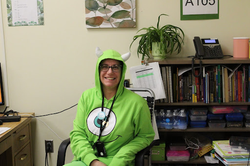 Mrs. Hoang dressed up as Mike Wazowski!